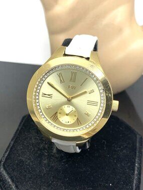 JBW Women's Watch J6309 Aria Quartz Gold Dial White Leather Strap 40mm